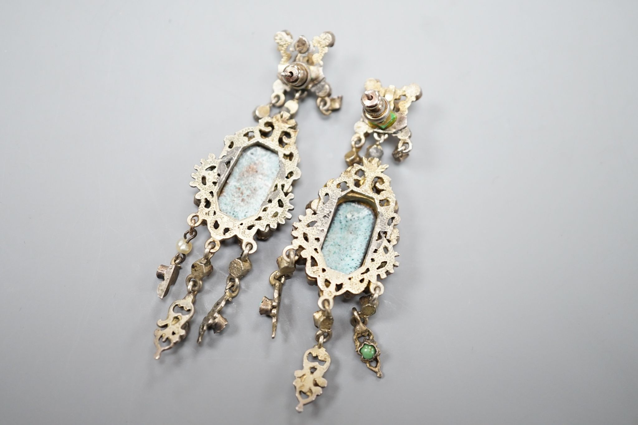 A pair of 19ct century Austro-Hungarian? gilt white metal, enamel and semi=precious gem set drop earrings, 7cm.